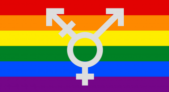 Gender inclusive logo on LGBTIQ+ rainbow background