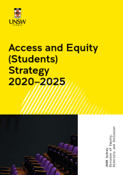A&E strategy front cover on UNSW yellow background with an image of purple chairs in a lecture theatre
