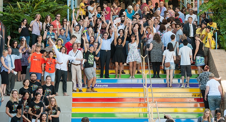 UNSW staff and students celebrating on the Basser Steps