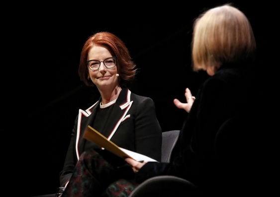 Julia Gillard chatting with Jenny Brockie