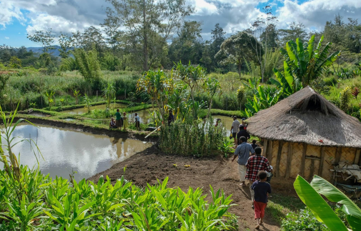 Row of people walking between hut and fish farm pond in the tropics