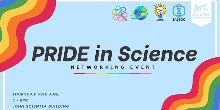 Event invite on pastel blue background with wavy rainbows on either side. Copy reads, PRIDE in Science networking event, 30 June, 5-8pm, John Scientia Building 