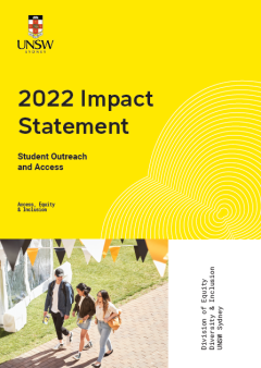 2022 A&E Impact Statement front cover with photo of three students walking and chatting