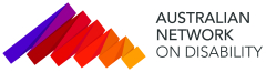 Australian Network on Disability logo with a triangular squiggle turning from purple to red to orange