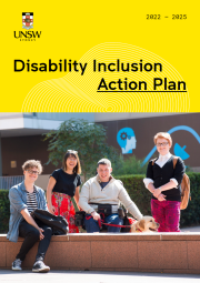 UNSW yellow branded document for the DIAP with image of 4 people and a guide dog by a wall