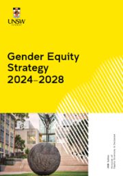 Cover of UNSW Gender Equity Strategy showing title on yellow background with image of the big mesh globe on the UNSW library lawn