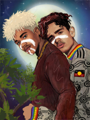 Two young men embracing against a night sky. One is wearing a brown jacket, the other a sweater with rainbow trim and the Aboriginal flag on the sleeve, and both have white face paint.
