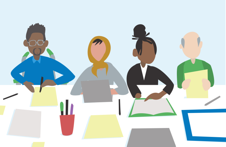 Cartoon image showing an inclusive group of faceless people working at a table