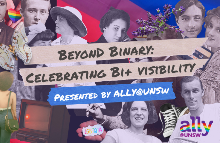 Beyond Binary: Celebrating Bi+ Visibility banner with black and white collage of faces 