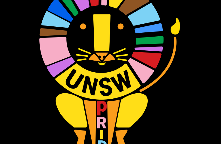 A UNSW lion logo displaying the progress pride flag colours and the words UNSW and PRIDE