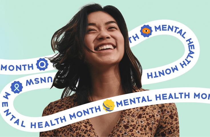 A student smiles, looking into the distance. They are surrounded by a swirling graphic that says Mental Health Month. 