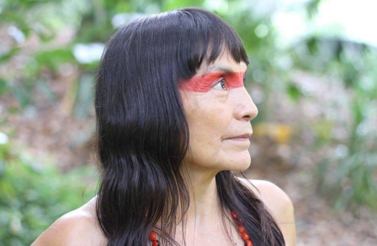 A woman stares into the distance. She has red paint across her forehead. 