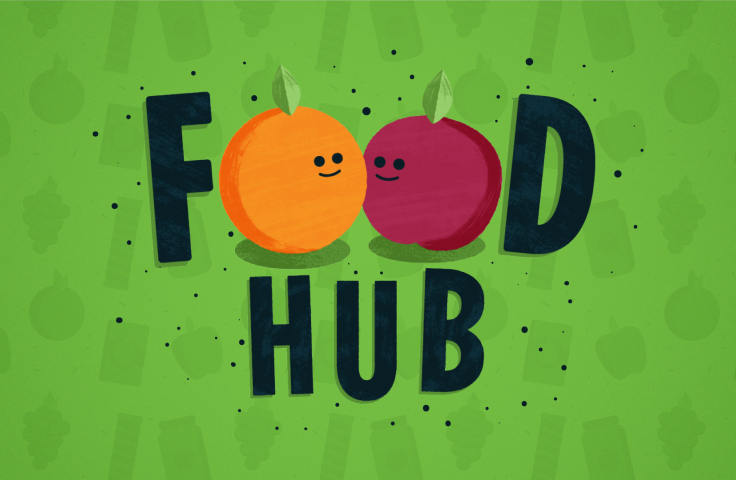 Green background with the words Food Hub, using 2 apples as the O in food