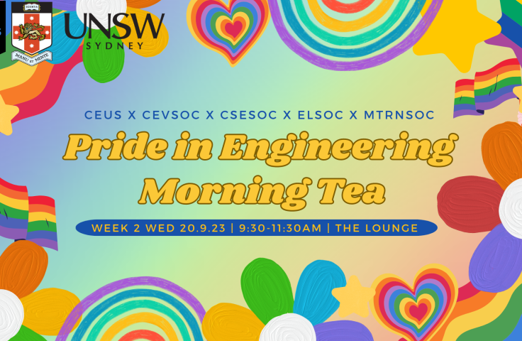 Pride in Engineering Morning Tea banner with a gradient background and rainbow flowers, stars, flags and love-hearts
