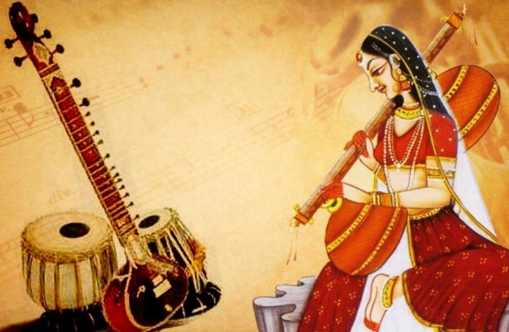 Drawing of a woman in traditional Indian dress and two musical instruments. 