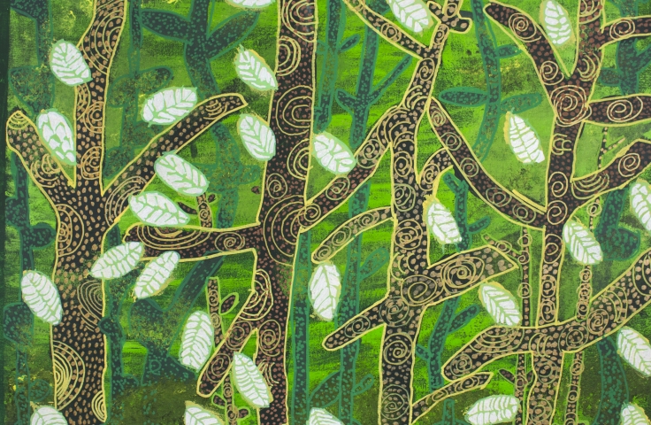 Spunky Bush Trees by Emily Crockford is large painted brown trees with white leaves on a green background