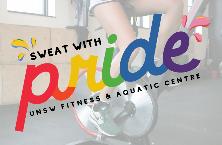Sweat with Pride banner with a person exercising on a spin bike in the background