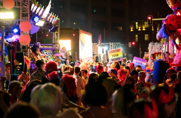 A crowd is dancing at Mardi Gras in front of a stage