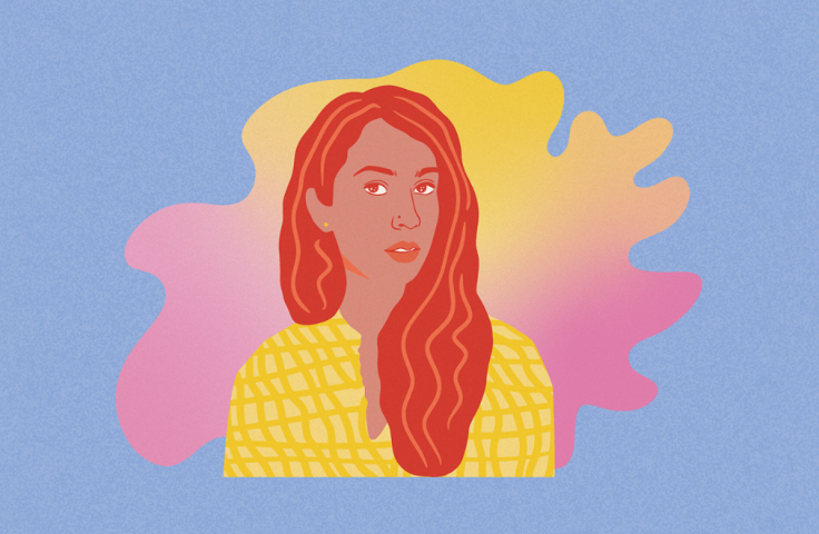Illustration of a woman with red hair, wearing a yellow top on a blue background