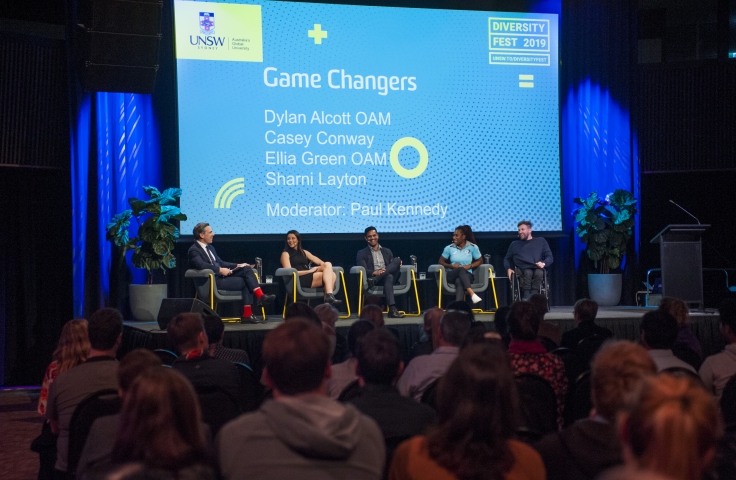 Image from 2019 Diversity Fest event - Game Changers, featuring Paul Kennedy, Sharni Layton, Casey Conway, Ellia Green OAM, Dylan Alcott OAM.