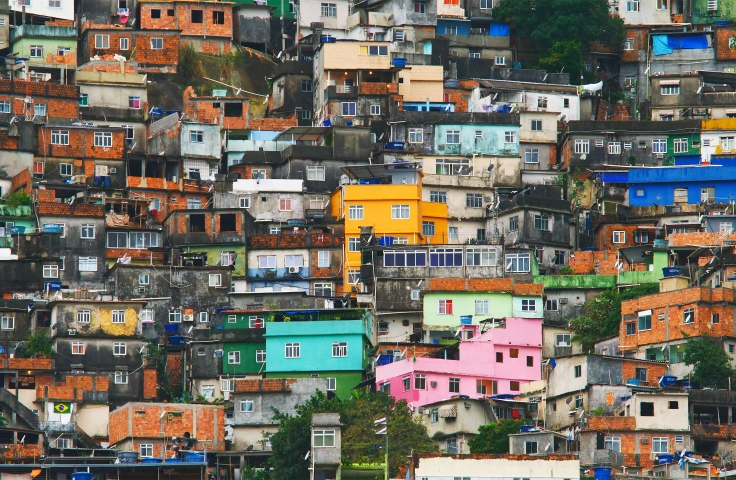 Favela in South America with bright pink building